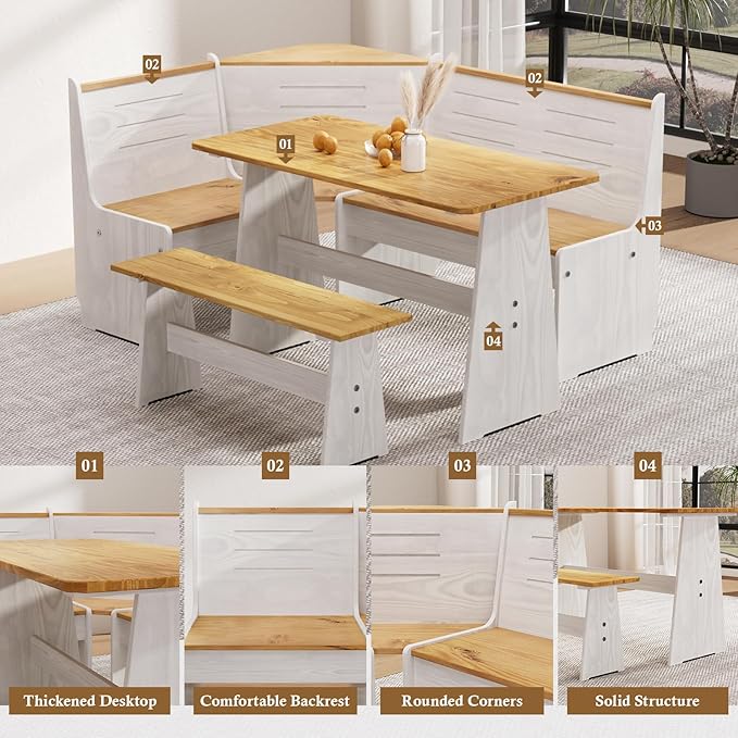 Breakfast Nook Dining Table Set – L-Shaped Kitchen Nook Booth with Bench Seating, Farmhouse Corner Dining Table for Small Spaces, White Wood Dining Room Nook Furniture