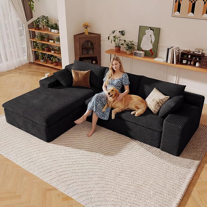 107" Cloud Sectional Couch with L-Shape Chaise, Modern Corduroy Viral Boneless Sofa for Living Room,Memory Foam Couches in a Box with Deep Seat,No Assembly Required (Black,Left-Facing Chaise)