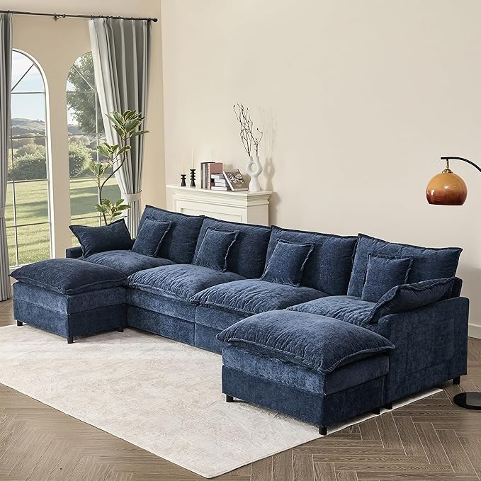 GOSUHI 142.5" U Shaped Couch, Modular Sectional Sofa, 3-Seater Comfy Cloud Couch with Movable Ottoman, Deep Seat Couches for Living Room, Chenille, Navy