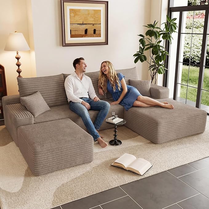 95" U-Shape Cloud Couch, Modern Modular Sectional L-Shape Sofa with Ottoman, Corduroy Upholstered Couches Deep Seat Sleeper Chaise Longue for Living Room, No Assembly Required(Camel, Right Facing)