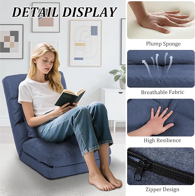 Chaise Lounge Indoor, 14-Position Floor Chair with Padded Pillow for Adults Kids, Folding Lazy Sofa Chair for Living Room, Bedroom, for Gaming Reading Blue