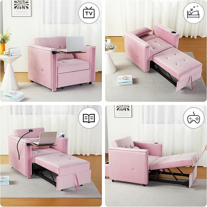 Velvet Convertible Chair Bed, 3 in 1 Multi-Functional Lounge Chair Sleeper, Pull Out Couch Guest Bed with Hidden Table and Adjustable Backrest for Living Room Small Space Apartment (Pink)
