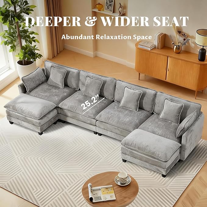 SoarFlash 149.61" Chenille Sectional Sofa, Comfy U Shaped Modular Coush Sofa with Ottoman, Modern 4 Seat Couch Deep Seat Sofa Set for Living Room,Grey