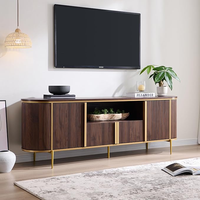 OKD Luxury 70" Fluted TV Stand, Modern Chic Entertainment Center for TVs Up to 80 inches, TV Console with Faux Marble Top, Curved Profile Design, Media Console for Living Room, (Dark Walnut)