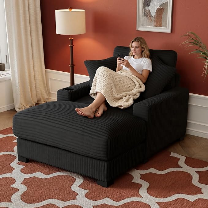 Oversized 60" Chaise Lounge Chair with Adjustable Backrest, Solid Wood Frame Corduroy Upholstery, Cup Holder USB & Type-C Port, 2 Pillows Sleeper Couch Deep Seat for Living Room, Bedroom, Black