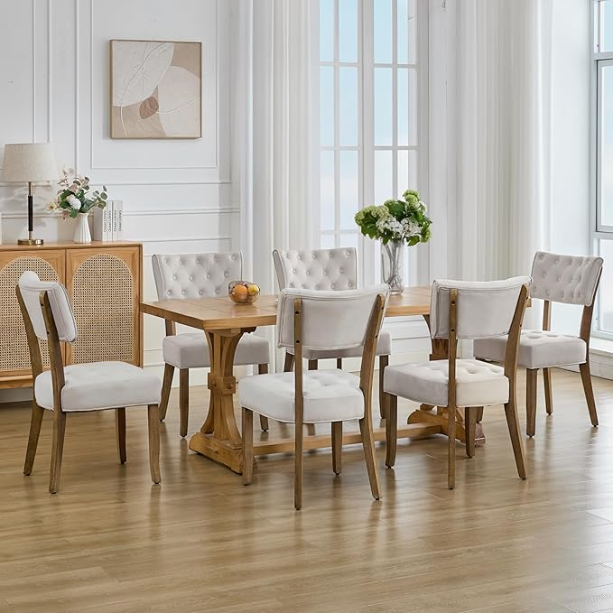 UVV Upholstered Dining Chairs Set of 6, Mid Century Modern Tufted Kitchen Chairs Dining Room Chairs, Velvet Dinner Chair with Wood Legs for Dining Room Kitchen, Beige
