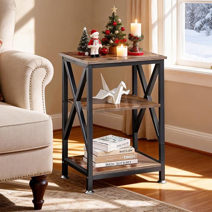 End Tables with Storage Shelf, 12" Deep x 16" Wide x 24" High, Small Side Table 3-Tier, End Tables Living Room Farmhouse, X-Shaped Night Stands for Bedrooms Bedside Tables, End Table Wood and Metal