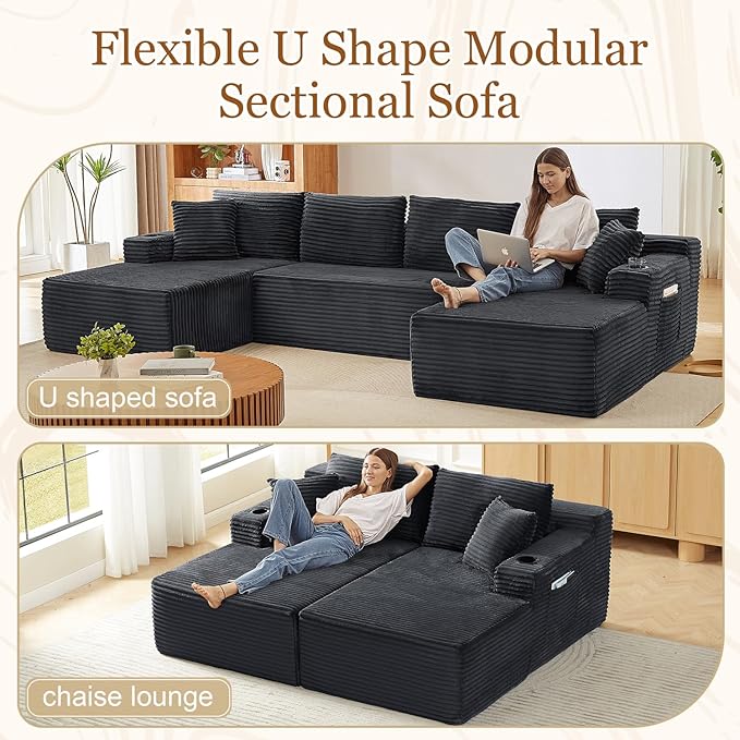 Modular Sectional Sleeper Sofa,134 Inch Boneless Cloud Couch for Living Room, U Shaped 5 Seat Sofa with 2 Storage Pockets& 2 Cup Holders, Free Combination, No Assembly Required (Dark Grey)