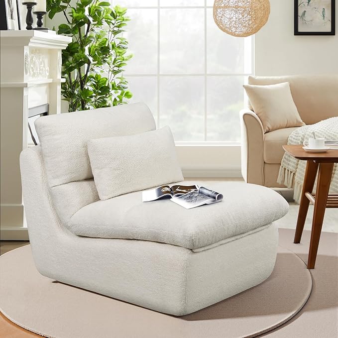 Boneless Single Sofa – 32” Teddy Plush Frameless Lounge Chair with High-Density Foam Support – No Assembly, Cloud Couch for Living Room, Bedroom, & Apartment (White)