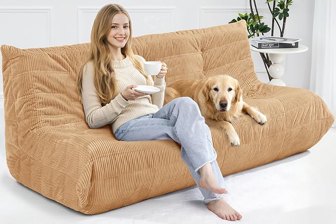 Bean Bag Chair,Giant Beanbag Chairs for Adults,Comfy Large Fireside Chair Lazy Sofa,Corduroy Bean Bag Lounger with Memory Foam Filled,Floor Sofa Couch for Home,Living Room (Khaki, 3-Seater)