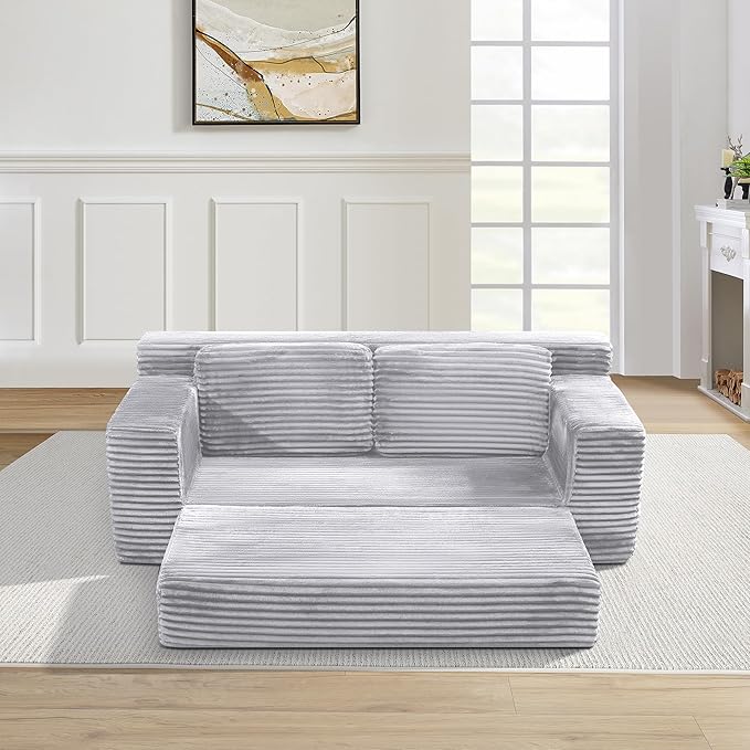 Loveseat Cloud Boneless Couch, Upholstered Floor Sofa with Armrests, 2-in-1 Convertible Corduroy Couch Bed for Living Room, Apartment, Grey