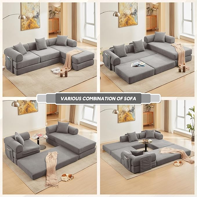 L Shaped Convertible Modular Sofa Bed with Cylindrical Pillow & Reversible Chaise, Corduroy Folding Floor Sofa Couch Bed with Fixed-Shape Frame & Storage Pocket for Living Room, Grey