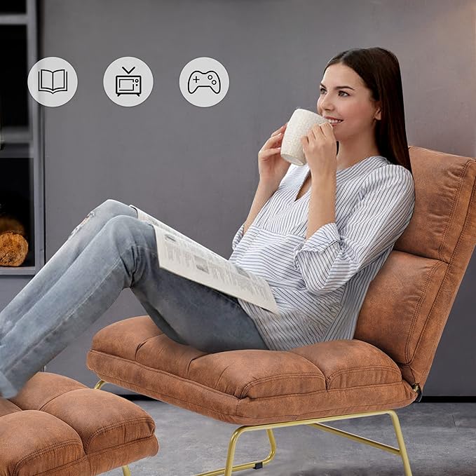 MCombo Accent Chair with Ottoman Set, Modern Armless Chair for Living Room, Bedroom, Small Space 4013 (Heat-Stamped Fabric, Saddle)