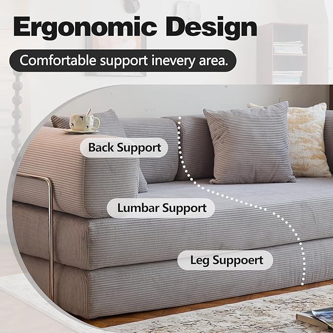 LIAROO 98.4" Convertible Sofa Bed - Compression Sofa with Corduroy Fabric - with Armrests and Backrest - Modular Sectional for Living Room, Bedroom, Studio - Compression Sofa in Box (Grey)
