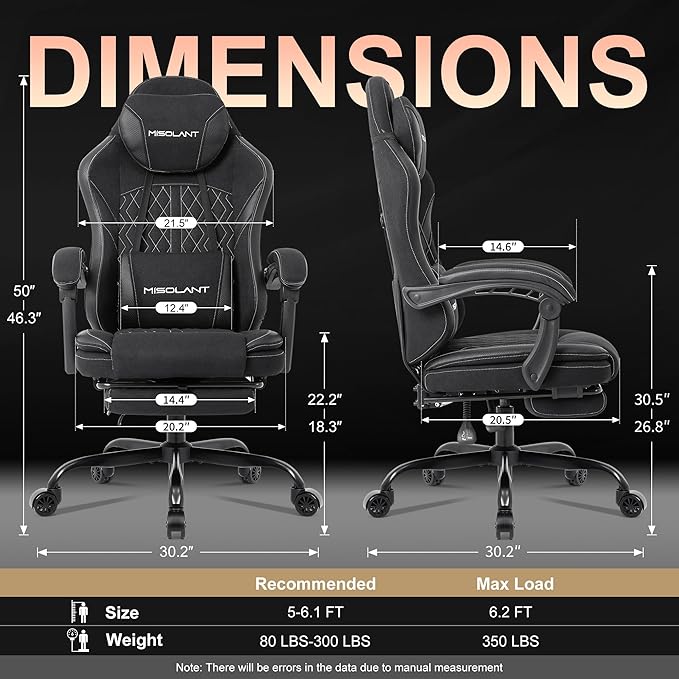 Misolant Gaming Chair, Fabric Gamer Chair with footrest for Adults, High Back Ergonomic Computer Game Chair with Adjustable Headrest and Massage Lumbar Support, 90-155° Recline Free，Black