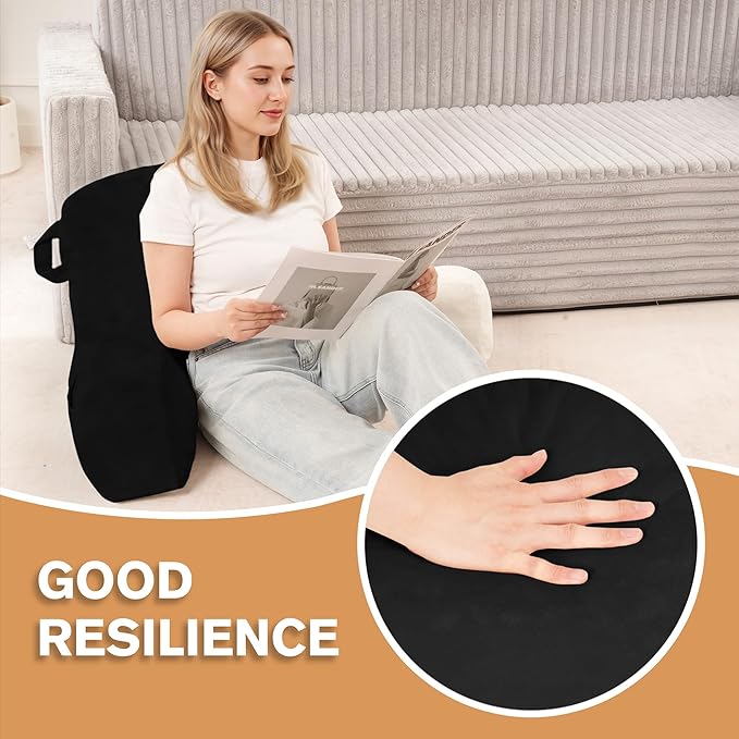 Unisakey Portable Comfy Reading Pillows for Bed Sitting Up(Black Oeko-Tex), Velvet Back Pillow with Arms & Pockets for Adults, Support Memory Foam Bed Pillow for Dorm/Reading/Watching/Gaming