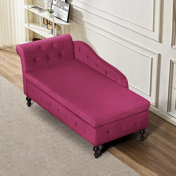 ACMEASE Velvet Chaise Lounge with Left Armrest & Storage Space,Button Tufted Lounge Chair w/Lumbar Pillow,Modern Upholstered Lounge Chair for Bedroom, Living Room and Office, Fuchsia