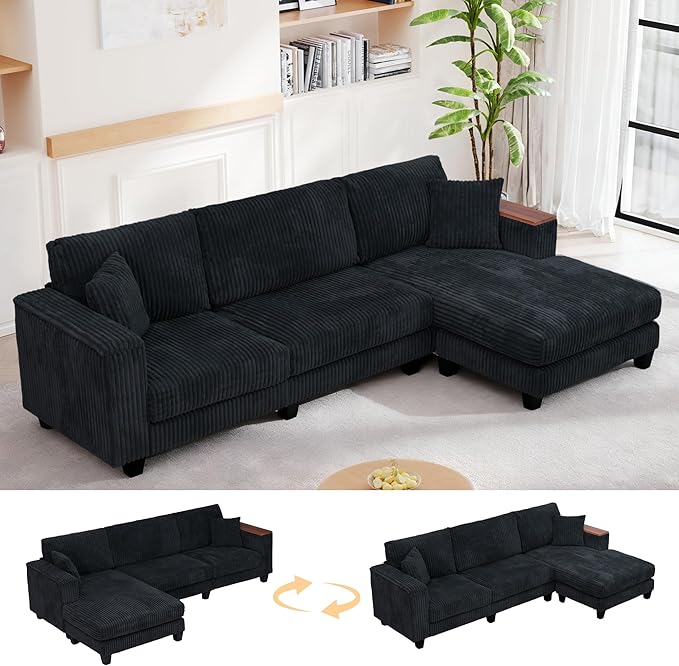 FurniMix 4-Seat Corduroy Sectional Sofa with Swappable Chaise, Soft Upholstery, Wide Seats & Armrest Storage,Black
