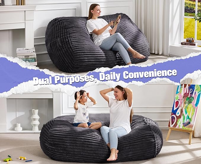 Hobestluk 5FT Bean Bag Chairs Adult Bean Bag with Portable Handle Comfy Large Bean Bag Lounge Chair with Removable Cover for Living Room Bedroom (Stripe Dark Grey, 5FT)