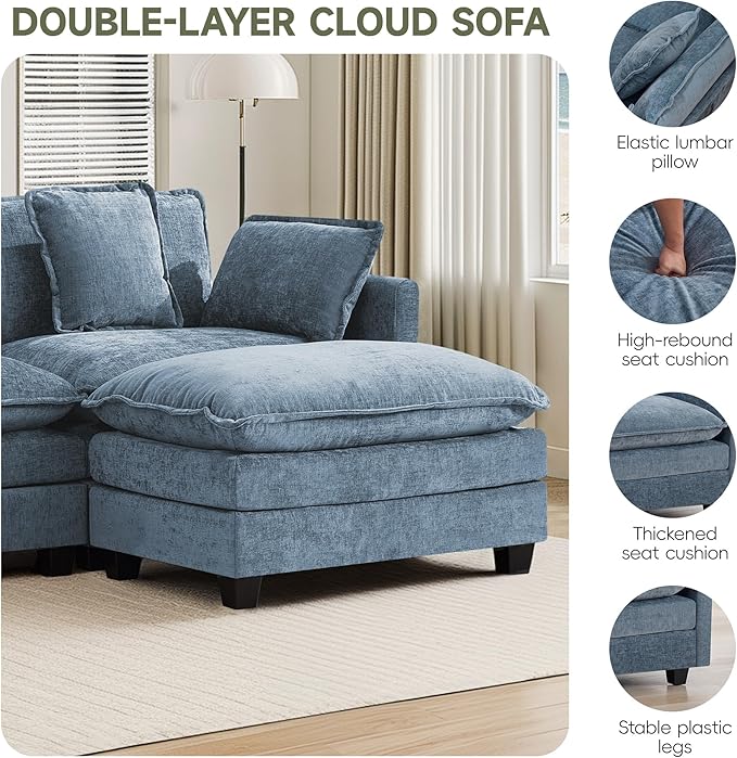 UMBFUN 3-Seater Cloud Couch with 2 Ottomans, Oversized Modular Sectional U Shaped Sofa with Deep Seat Cushions, Comfy Chenille Couch for Living Room,Blue