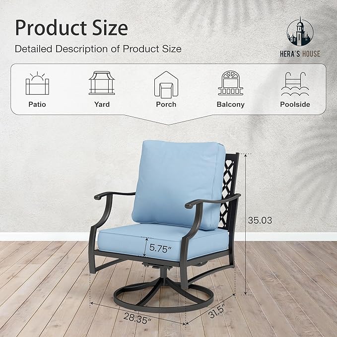 HERA'S HOUSE Outdoor Chairs Set of 2, 2 x Patio Chair with Blue Cushions, All Weather Outdoor Furniture for Lawn Garden Backyard Deck(Swivel Chairs)
