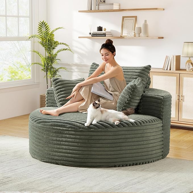 JEEOHEY Modern Round Accent Sofa Chair for Living Room, Upholstered Corduroy Barrel Lounge Arm Chair with Large seat&Throw Pillows for Bedroom, Office, Apartment, Green