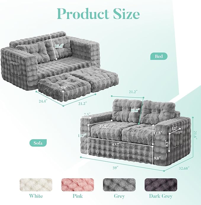 Hobestluk Sofa Couch Loveseat Sofa with Bubble Fabric 2-Seater Sofa for Small Spaces Comfortable Foam Floor Sofa 2 in 1 Boneless Couch for Living Room Bedroom Apartment or Office (Grey, Loveseat)