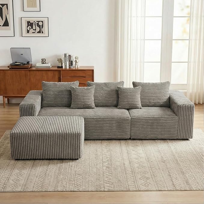 Sytopia 109" L-Shaped Cloud Couch, Boneless Modular Sectional Sofa with Deep Seat for Living Room Bedroom, Modern Floor Couch Corduroy, Comfy Sleeper Futon Sofa Bed 40D Foam Furniture, Left Facing