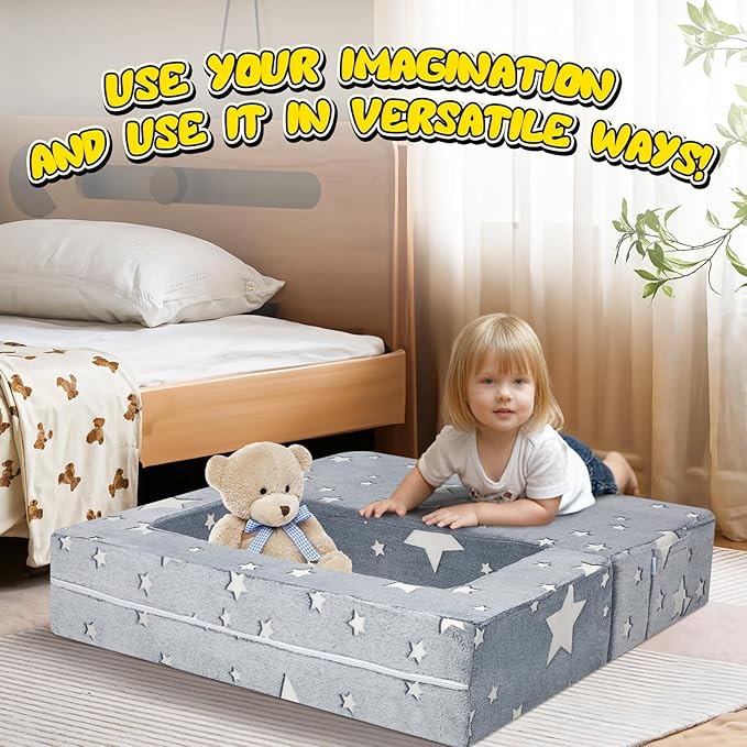 MeMoreCool Modular Kids Play Couch Sofa – Glow-in-The-Dark Star Design, Fold-Out Toddler Couch for Playroom Furniture, Grey