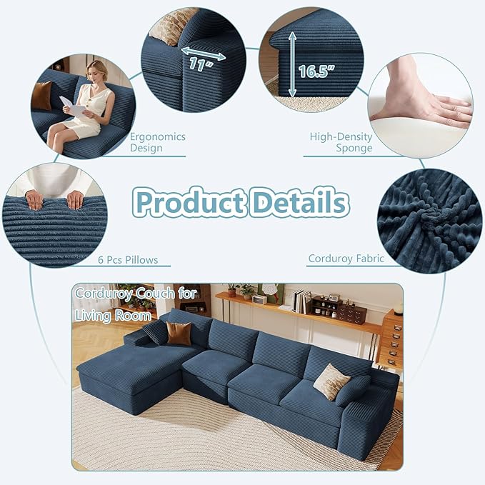 136" Cloud Sectional Couch with L-Shape Chaise, Modern Corduroy Viral Boneless Sofa for Living Room,Memory Foam Couches in a Box with Deep Seat,No Assembly Required (Blue,Left-Facing Chaise)