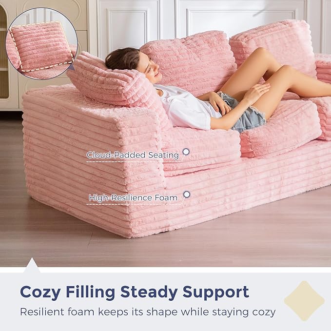 MAXYOYO 3-Seater Boneless Sofa Couch in a Box, Modern Faux Fur Sofa for Living Room, Soft High-Density Foam Couch with Pillows, Fluffy & Supportive Chair Lounge, No Assembly Required, Pink