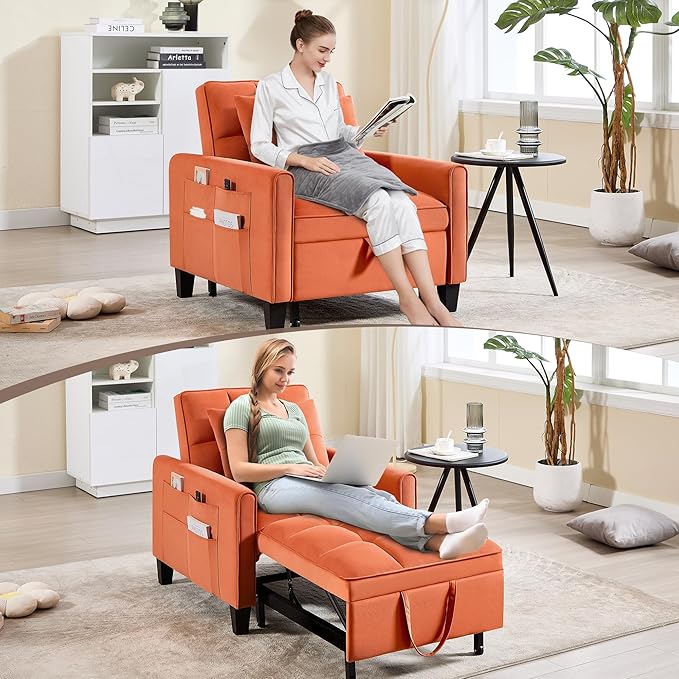choairy Convertible Sleeper Chair, 3 in 1 Sleeper Chair Bed Pull Out Sofa Bed Chair, Velvet Single Sofa Bed Adjustable Backrest Chair Bed Sleeper for Adults Reading Living Room, Bedroom, Orange