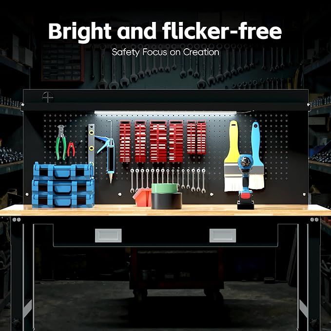 Betterhood 60" Heavy Duty Adjustable Workbench with Large Pegboard & LED Light, Adjustable Work Table with Power Outlets & Lockable Wheels, Rubber Wood Workstation for Garage, Workshop, Office, Home