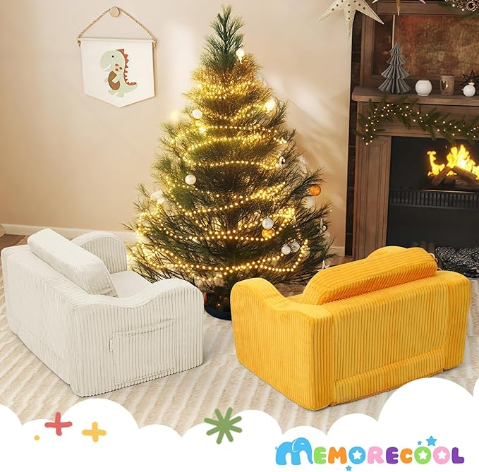 MeMoreCool Toddler Chair – Foldable 2-in-1 Kids Sofa Bed, Corduroy Lounge for 1-3 Years, Yellow Soft Foam Seat | Machine Washable | Convertible Couch for Toddlers’ Playroom or Nap Time