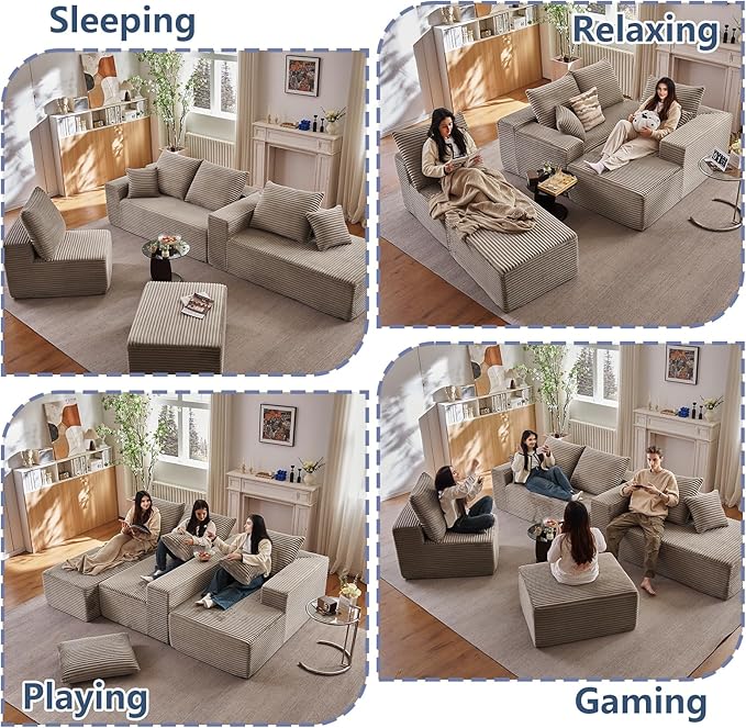 135.4" Cloud Sectional Couch with Ottoman,Modern U-Shaped Cloud Couch with Deep Seat,Comfy Corduroy 4-Seater Sofa,Memory Foam Sofa for Living Room,No Assembly (Camel,Right-Facing Chaise)