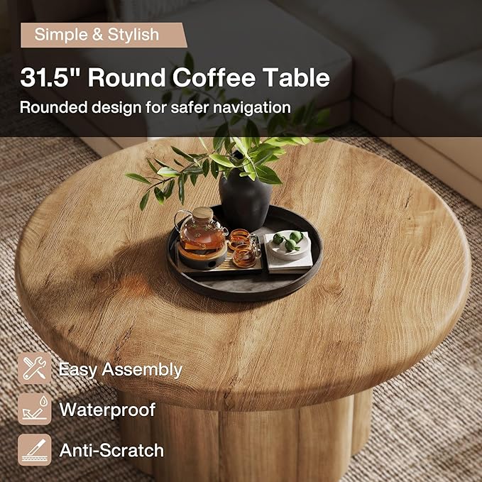Tribesigns 31.5" Round Coffee Table for Living Room, Farmhouse Circle Center Cocktail Table with Fluted Drum Base, Wooden Living Room Furniture for Apartment, Small Space, Brown