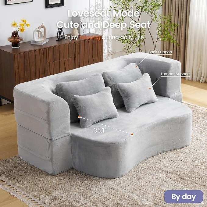 Orynveela Convertible Folding Sofa Bed, 78” Full Size Floor Sleeper Couch, Chenille Full Foam Curved Back Futon Loveseat for Living Room Bedroom, No Assembly (Beige White)