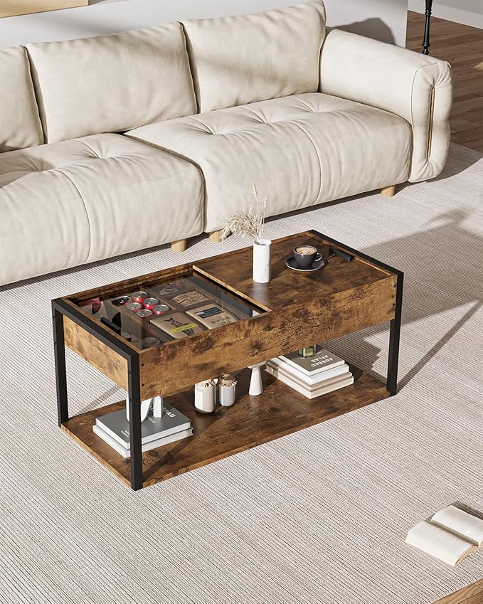 KJGKK Coffee Table, 40" Center Table with Storage Shelf, Rectangle Coffee Table, for Living Room, Toolless, Easy Assembly, Simple Style, Rustic Brown (Colonial)