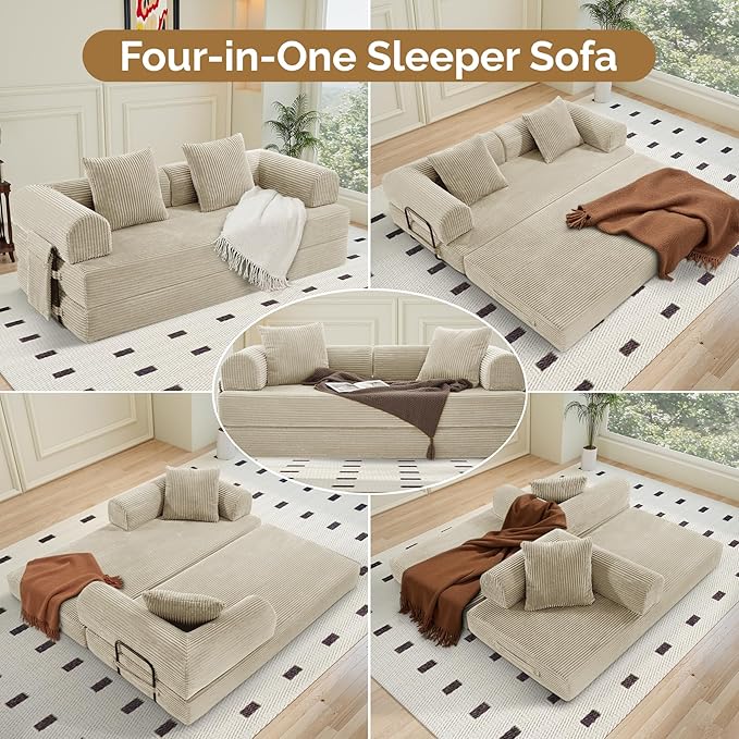 Convertible Coarser Corduroy Sleeper Sofa Bed with Cylindrical Pillow, Folding Mattress Couch with Fixed-Shape Frame, Floor Sofa Lounge Couch for Living Room Bedroom Lounge Studio, Beige