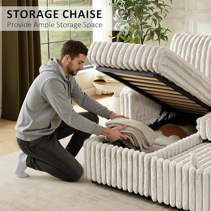 Sleeper Sofa Bed, 81” Pull Out Couch Bed with Reversible Storage Chaise, 3 in 1 L-Shaped Couch with Charging Station, Cup Holder, Side Pocket, Plush Corduroy Couches for Living Room(Beige)