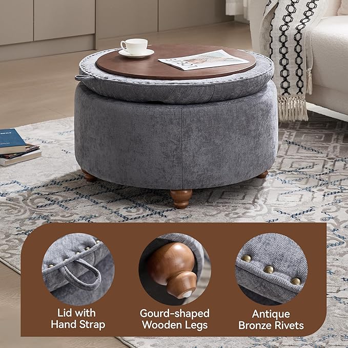 WUTUTUEE 30Inch Round Storage Ottoman with Tray, Modern Tufted Circle Coffee Table with Storage, Upholstered Ottoman with Removable Top for Living Room, Bedroom, Chenille Blue