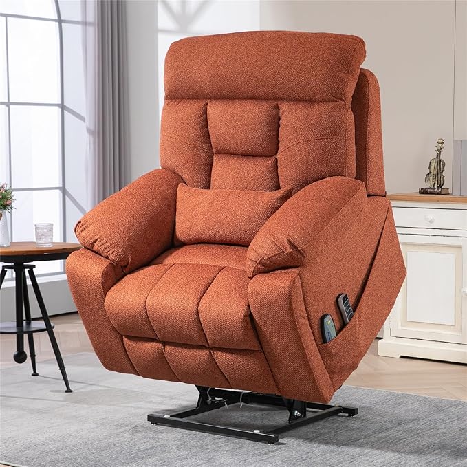 4-Motor Power Lift Recliner Chair for Elderly, Oversized Lay Flat Recliner with Heat and Massage, Adjustable Headrest Lumbar Heat Hidden Cup Holder for Big Man 400lbs (Orange Chenille)