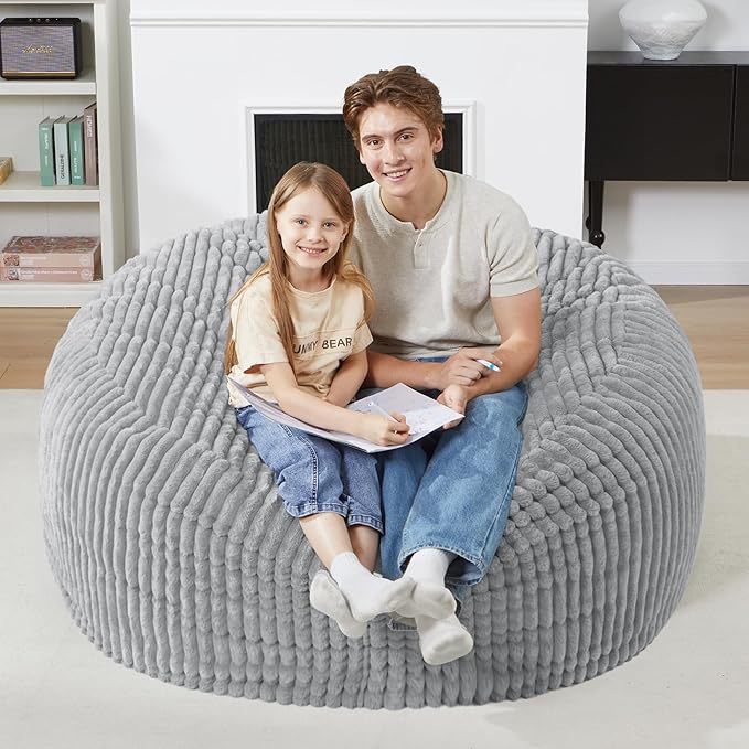 Homguava 4 FT Bean Bag Chair,4' Big Bean Bag,Large Bean Bag Chairs for Adults with Memory Foam Filled,Comfy Beanbag Chairs Soft Bean Bag Sofa with Dutch Corded Plush Cover-Light Grey