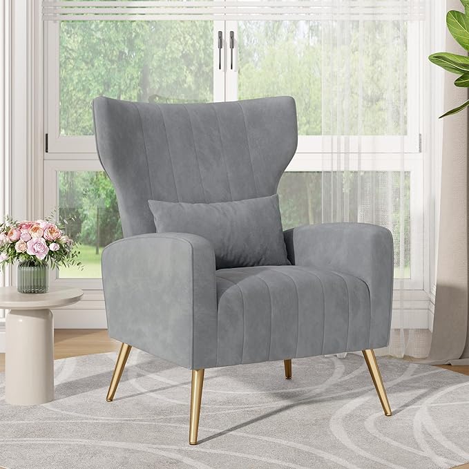 Nalupatio Modern Accent Chairs for Living Room Chairs Upholstered Velvet Fabric Reading Chair Mid Century Arm Chair Comfy Armchair,Grey