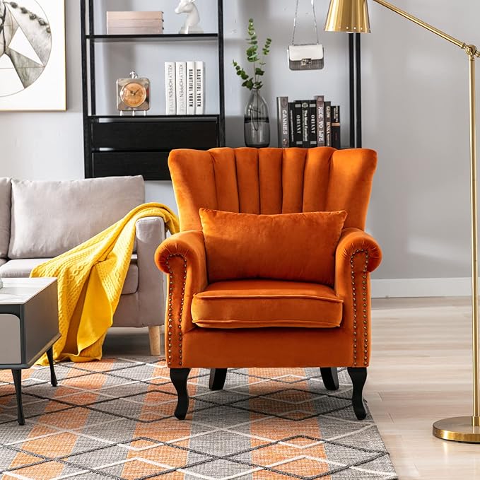 LZAREAL Accent Reading Arm Chairs Midcentury Modern Comfy Corner Sofa Chair, Wingback Waiting Room Club Chair with Tufted Back for Living Room/Bedroom/Reception Room, Velvet Orange