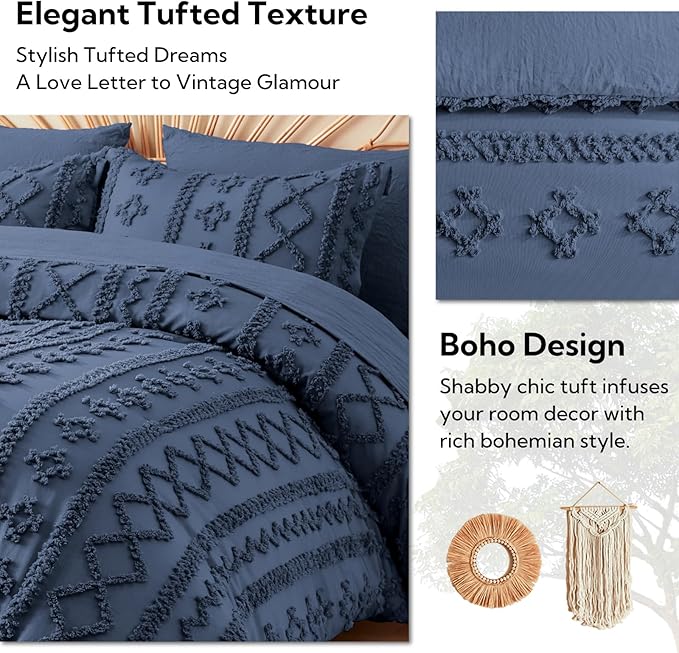 MR&HM King Size Comforter Set Navy Blue, 7 Pieces Tufted Boho Beddding Sets, Farmhouse Style Bed in a Bag with 1 Comforter, 2 Pillow Shams, 2 Pillowcases, 1 Flat Sheet, 1 Fitted Sheet