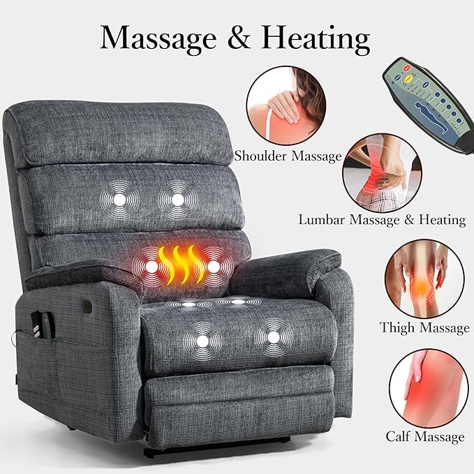Oversized Power Lift Recliner Chair, Big Tall Man Lay Flat Ergonomic Lounge with Extended Footrest for Elderly People, Single Sofa Heat & Massage. Home Theater Seat, USB&Type-C Port (Chenille, Grey)