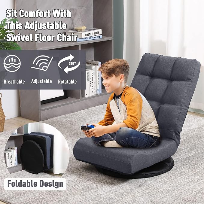Swivel Floor Chair for Teens，Multipurpose Gaming Chair Rocker for TV, Reading, Playing Video Games Lumbar Support, Adjustable Foldable Backrest (Grey)