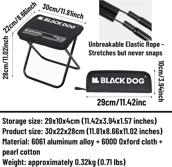 windhike Blackdog 11in Ultralight Camping Folding Stool - 0.7lb Compact Camping Chair, 265lb Capacity Aluminum Alloy X-Frame Design for Hiking, Fishing & BBQ Portable Small Stool for Adults
