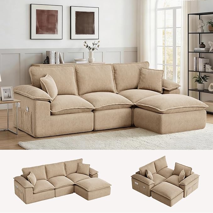 Korser 122" Sectional Couches for Living Room, Modular Boneless Sofa, Cloud Sofa, Fluffy Cushions, Double-Layer Cushioned, with Convertible Ottoman